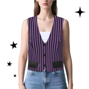 Chaleco de mujer con rayas de circo color púrpura real, ideal para disfraces de bufón y payaso.