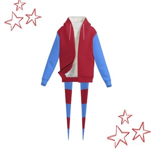 May include: A red hooded sweatshirt with light blue sleeves and matching striped leggings. The inside of the hoodie is white. Red stars are drawn in the background. This outfit is perfect for casual wear.
