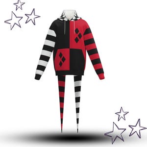 Sudadera con capucha Harlequin Trickster Fangtail Jester, chaqueta con cremallera de circo y carnaval de diamantes con rayas rojas, negras y blancas