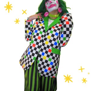 Giacca da clown Froggy Checker Kidcore! Giacca da clown colorata da uomo, divertente, verde circo, elegante, professionale, in cotone.