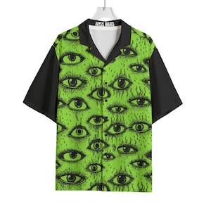 Weirdy Eye Alien Bowling Shirt, Mens Gothic Weirdcore Button Up