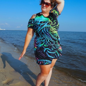 Neon Nightmare God Dress, Cthulhu Cotton Summer Sundress