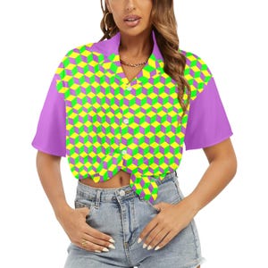 Mardi Gras Diamond Jester Blouse USA-made! Purple Yellow Green Whimsical Clowncore Button Up Bowling Shirt