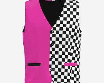 Mens Fancy Vest Hot Pink Checker Split Jester Clown Waistcoat