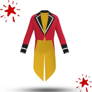 May include: A red tailcoat with black and white trim on the collar and cuffs. The coat has a yellow interior and tails. Two red stars with radiating lines are in the background.