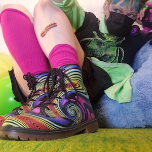 Hypno Stompers Rainbow Boots, Nonbinary Decora Kei Colorful Trippy Clowncore Combat Boots