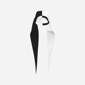 May include: A two-toned hood featuring a split design with one side in solid black and the other in solid white. The garment has a rounded opening for the face and long, flowing fabric panels that extend downwards from the head covering.