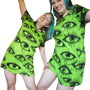 Weirdy Eye Dress, Alien Lime Green Weirdcore Scene Cotton Tshirt Dress