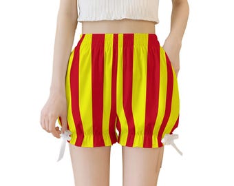 Primary Contrary Yellow Red Stripe Clown Jester Ruffle Shorts Adult Bloomers