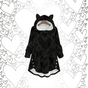 Love Spell zwarte kattenoor pluche fleece trui met capuchon, gezellige gotische grillige trui Valentines Hearts Dark Decora Kei Kidcore-sweater