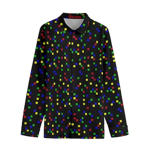 May include: Black button-down shirt with a colorful pixelated pattern of red, yellow, blue, and green squares. The shirt has long sleeves and a collar. The text "ABYSS WARES" is printed on the collar.