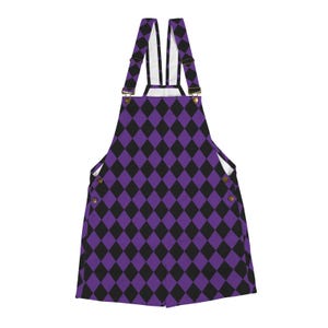 May include: Purple and black diamond-patterned overall dress with adjustable straps and brass-colored hardware. The dress features a classic bib-style front and side button closures. The overall dress is a fun and stylish garment.