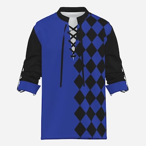 May include: A long-sleeve shirt featuring a solid blue left side and a black and blue diamond pattern on the right side. The shirt has a black mandarin collar with a white lace-up front closure and black sleeves with blue cuffs.