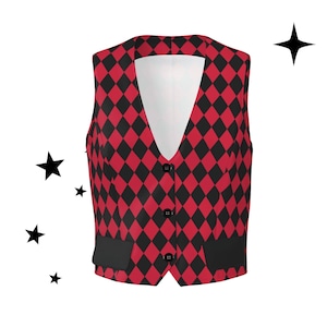 May include: A sleeveless vest featuring a red and black diamond harlequin pattern. The garment has a V-neckline, three black buttons down the center front, and two solid black rectangular pockets at the lower front. The interior lining is white.