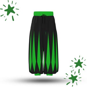 Puede incluir: Pantalones harén negros con cintura verde y detalles en forma de diamante verde. Los pantalones tienen cierre de cordón y están recogidos en los tobillos. El diseño incluye gráficos de estrellas verdes.