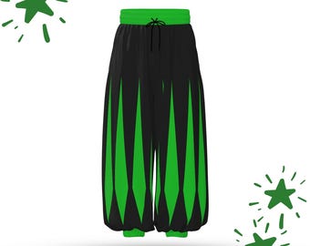Pantalones de bufón rasgados: pantalones holgados de payaso con disfraz de clowncore verde y negro con estampado de rana.