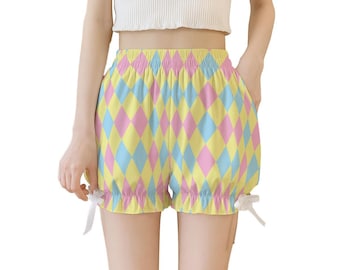 Dreamy Pastel Harlequin Puffy Clown Jester Shorts