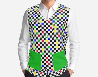 Froggy Check 4-Pocket Waistcoat Clown Vest in Green and Primary Color Checkerboard