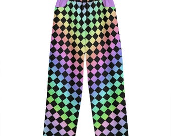 Pantalones de payaso con cuadros arcoíris Harlequin, pantalones holgados de sarga de algodón de estilo clowncore no binario