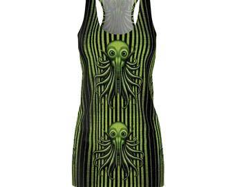 Robe pop art extraterrestre Cthulhu, mini-robe débardeur gothique vert acide et noire Montrez cet amour surnaturel ! Horreur lovecraftienne mais… joyeuse ?