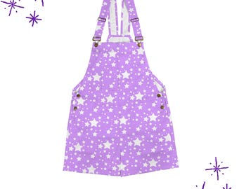 Amethyst Lavender Stardust Shortie Overalls, Pastel Fairy Kei Soft Clowncore Jumpsuit Clown Pants Plus Size Decora Dungaree Shorts