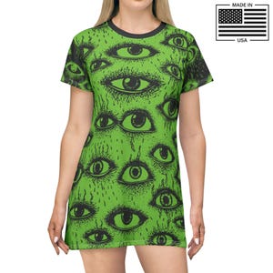 Weirdy Eye Alien Shirt Dress, Weirdcore Scenecore Shirtdress
