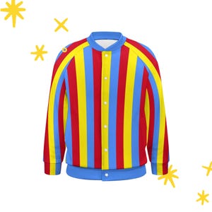 May include: A colorful bomber jacket with vertical stripes in red, yellow, and blue. The jacket has a blue collar, cuffs, and hem, and a button-up front. The sleeves are a solid color, and the jacket is set against a white background with yellow star accents.