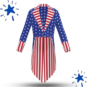 May include: A tailcoat featuring a blue field with white stars on the upper portion and sleeves, complemented by red and white vertical stripes on the lapels, cuffs, and the long back panels. Two blue star graphics are positioned in the corners.