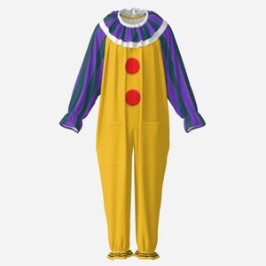 Könnte beinhalten: Ein gelber Overall mit langen Ärmeln mit violetten und blaugrünen vertikalen Streifen, einem Rüschenkragen mit violetten, blaugrünen und weißen Bändern sowie zwei großen roten runden Knöpfen auf der Vorderseite. Die Ärmel- und Beinabschlüsse sind gerafft.