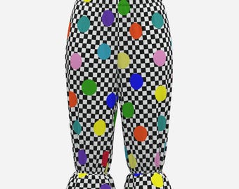 Confetti Check Knee Britches Clown Bloomers Pants, Adult Halloween Costume Circus Pantomime Dame Ruffle Capri Baggy Jester Pantaloons