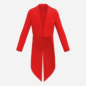 May include: A vibrant red tailcoat jacket featuring long sleeves, a notched lapel collar, and a structured front. The garment has a distinctive split-tail design that extends below the waistline, creating a formal silhouette with clean lines.