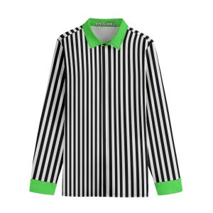 May include: Long-sleeved shirt with vertical black and white stripes. The collar and cuffs are bright green. The text "ABYSS WARES" is printed on the collar.