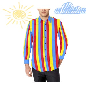 May include: A button-down shirt with vertical stripes in red, yellow, and blue. The long-sleeved shirt has a blue collar and cuffs. A yellow sun and blue cloud are drawn in the background.