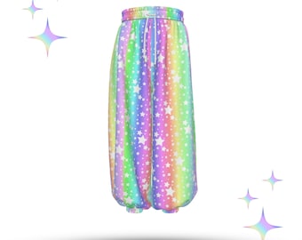 Rainbow Stardust Puffy Clown Pants, Pastel Fairy Kei Clowncore Clothing Decora Kidcore Sweatpants Nonbinary Harem Plus Size Kawaii