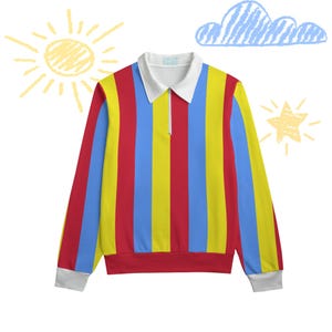 Puppet Hut Primary Polo Sweatshirt, Red Yellow Blue Stripes Collar Clown Sweater Nonbinary Clowncore Cotton Cosplay Cozy Shirt