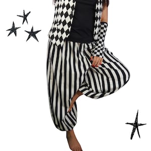 May include: A black and white diamond-patterned vest worn over a black top, paired with black and white striped harem pants and a matching checkered arm warmer. The ensemble is accented by several hand-drawn style black star illustrations.