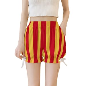 Sun Stripe Red Yellow Clown Poofy Shorts, Adult Jester Circus Costume Ruffle Short Shorts Poofy Britches Puffy Petti Pants