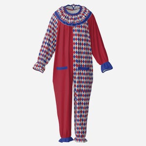 Mono de circo Arlequín Heráldico Rojo Azul Traje de Payaso con Cuello de Volantes
