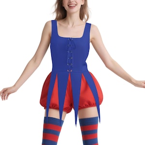 May include: A blue sleeveless bodice featuring a square neckline and a front lace-up closure with silver grommets. The bodice has a pointed hemline overlaying red puffy shorts. The outfit is paired with blue and red striped knee-high socks.