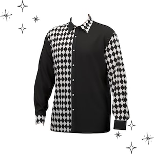 Puede incluir: Una camisa negra con un diseño llamativo. El lado izquierdo y las mangas presentan un patrón de diamantes blancos sobre un fondo negro. El otro lado es negro liso, creando un contraste audaz. El cuello y los puños también tienen el patrón de diamantes.