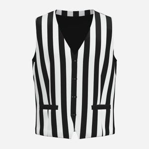 May include: A sleeveless vest featuring a bold vertical black and white striped pattern. The garment has a V-neckline, a front button closure with four visible black buttons, and two small horizontal welt pockets at the lower front section.