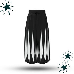 May include: Black and white patterned trousers with a drawstring waist. The trousers feature a repeating geometric design of white triangles against a black background. The trousers have a relaxed fit and are suitable for casual wear.