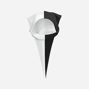 May include: A pointed hood featuring a split design with one side in solid white and the other side in solid black. The garment has a circular opening for the face with a gathered elastic band along the bottom edge to ensure a secure fit.