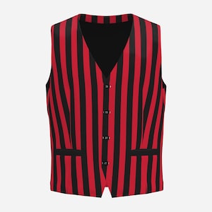 May include: A sleeveless waistcoat featuring a bold vertical striped pattern in alternating red and black colours. The garment has a V-neckline, a front button closure with four black buttons, and two horizontal welt pockets positioned at the lower front.