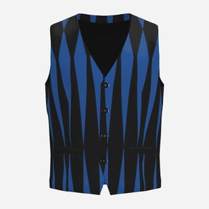 Puede incluir: Un chaleco sin mangas con cuello en V y cierre frontal de cuatro botones negros. La prenda presenta un patrón vertical repetitivo de formas de diamante alargadas y de bordes afilados en tonos alternos de azul real y negro.
