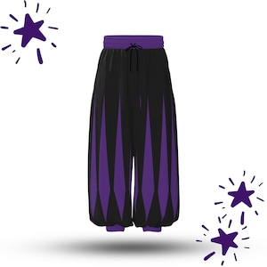 May include: Black harem trousers with purple diamond patterns. The trousers feature a purple waistband with a drawstring and elasticated cuffs. The design includes two purple starburst graphics.