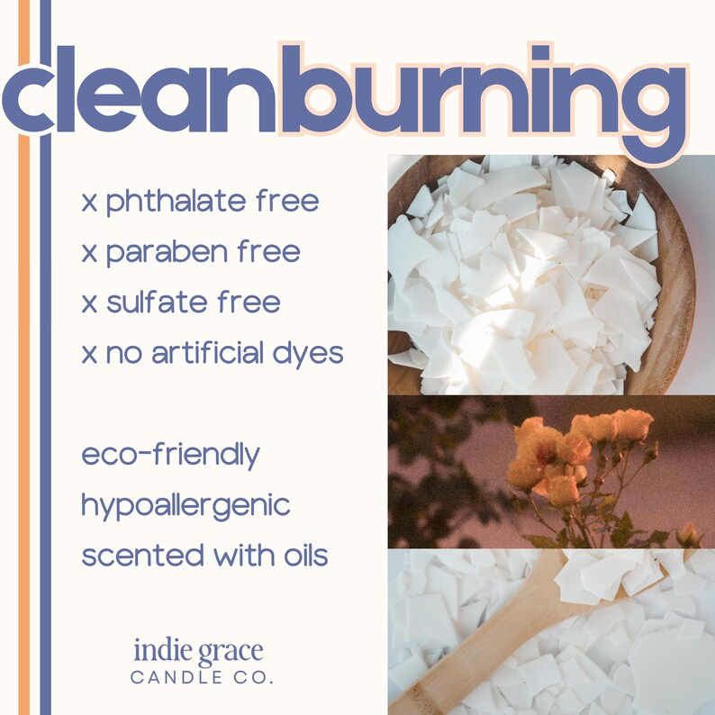 K&ouml;nnte beinhalten: Das Bild zeigt den Text "cleanburning" in Blau. Es listet auch "x phthalatfrei", "x parabenfrei", "x sulfatfrei" und "x keine k&uuml;nstlichen Farbstoffe" auf. Das Produkt wird als umweltfreundlich, hypoallergen und mit &Ouml;len parf&uuml;miert beschrieben. Das Logo von Indie Grace Candle Co. ist sichtbar.