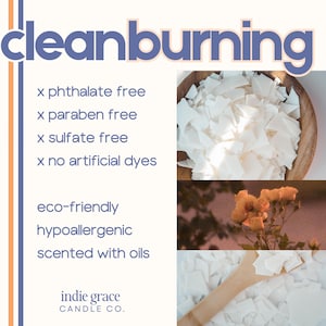 Pu&ograve; includere: L'immagine presenta il testo "cleanburning" e dettagli del prodotto. Sottolinea l'assenza di ftalati, parabeni e solfati, senza coloranti artificiali. Il testo aggiuntivo include "eco-friendly", "ipoallergenico" e "profumato con oli". &Egrave; presente anche il logo Indie Grace Candle Co.