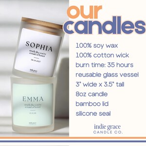 Pu&ograve; includere: Due candele di vetro con coperchi in bamb&ugrave;. La candela superiore &egrave; etichettata "SOPHIA" con il testo "smells like you're a maid of honor" e la data "06.19.2027". La candela inferiore &egrave; etichettata "EMMA" con il testo "smells like you're a maid of honor" e la data "12.12.26". Le candele sono larghe 7.6 cm e alte 8.9 cm.