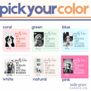 Op de afbeelding: Productpresentatie met zes kleurgecodeerde kaarsopties, elk met een andere hondenfoto. Elke kaars heeft de tekst "smells like my humans are getting married". De bovenste tekst luidt "pick your color".